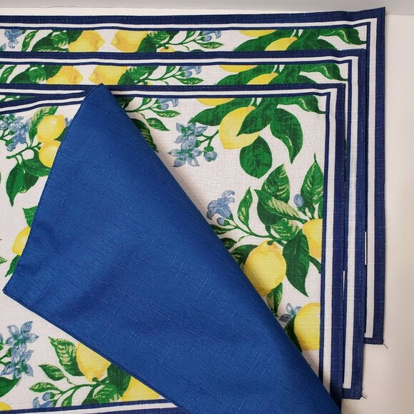 Lemon Citrus Placemats, Set of 4, Fabric Reversible Blue, Washable 17x11 NEW - Picture 3 of 7